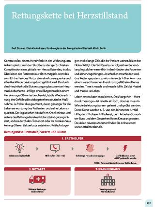 Seite eins des Artikels "Rettungskette bei Herzstillstand" aus der Broschüre Koronare Herzkrankheit und Herzinfarkt.