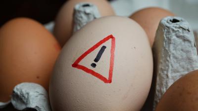 Bild von einem Ei, dass ein Warndreieck aufgemalt hat. 