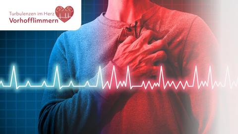 Mensch fasst sich an die Brust und es wird eine EKG Kurve angezeigt